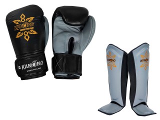 Kanong Cow Skin Leather Boxing Gloves + Shin Pads : Black/Grey